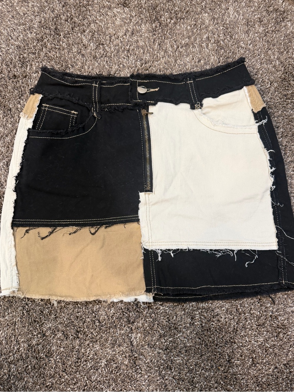 Patchwork Mini Skirt in Black, White & Tan